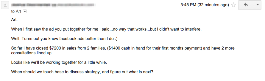 Client Email Testimonial - $7200 in Sales from CPC Ninja Ads