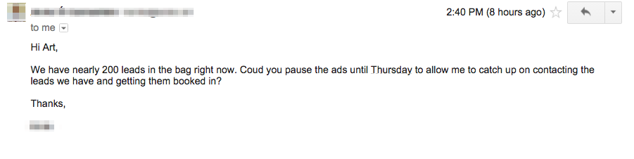 Client Email Testimonial - 200 Leads from CPC Ninja