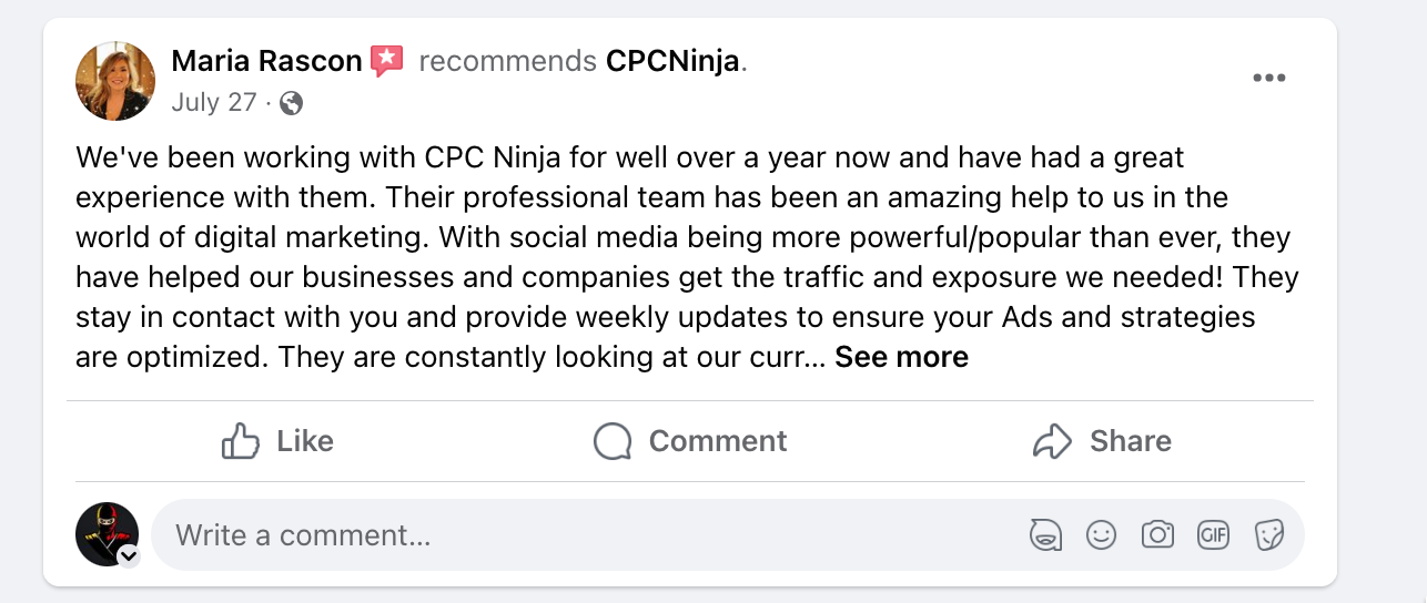 Maria Rascon Facebook Review - CPC Ninja Client Testimonial