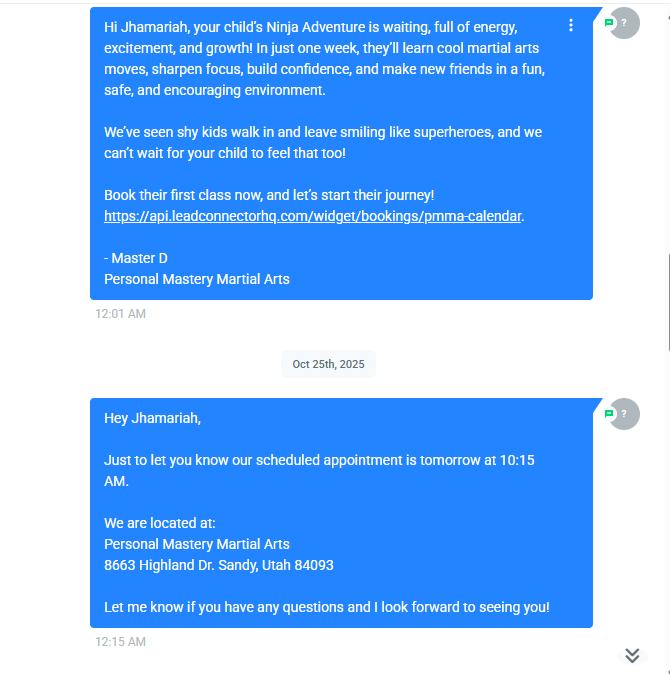 Automated follow-up system appointment confirmation for martial arts
