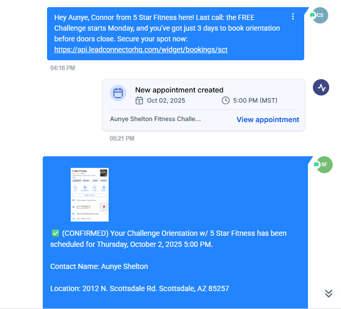 Fitness challenge booking confirmation via automated messaging