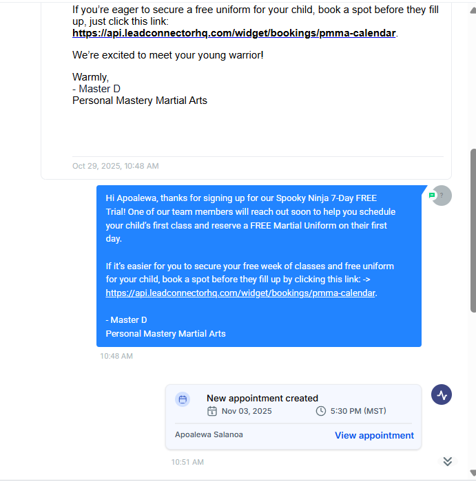 Automated follow-up for trial class appointment